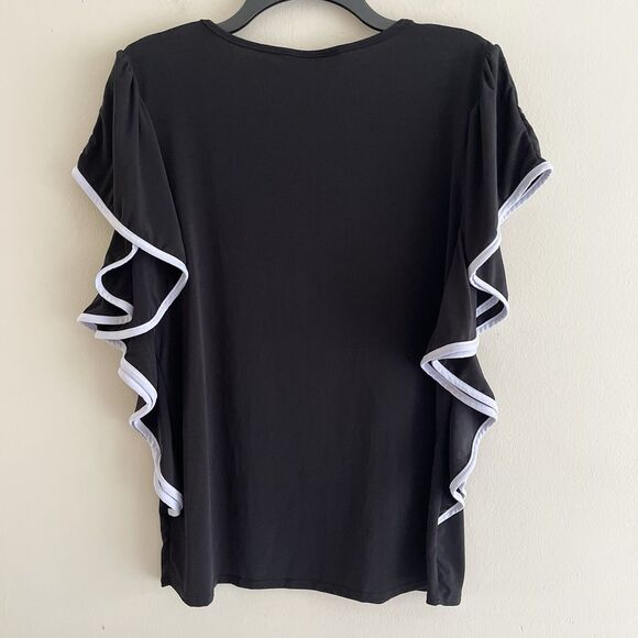 Flutter Top Size XL Womens Black White Trim Short Sleeves Ruffles Blouse Casual - Picture 4 of 9